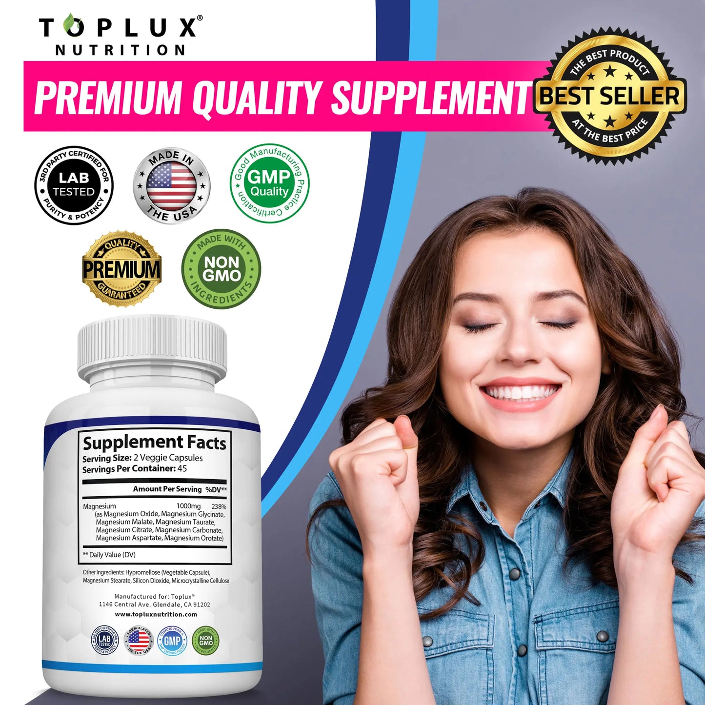 Unlock Better Sleep and Wellness with Toplux Magnesium Complex - 1000mg of Essential Magnesium in Every Capsule