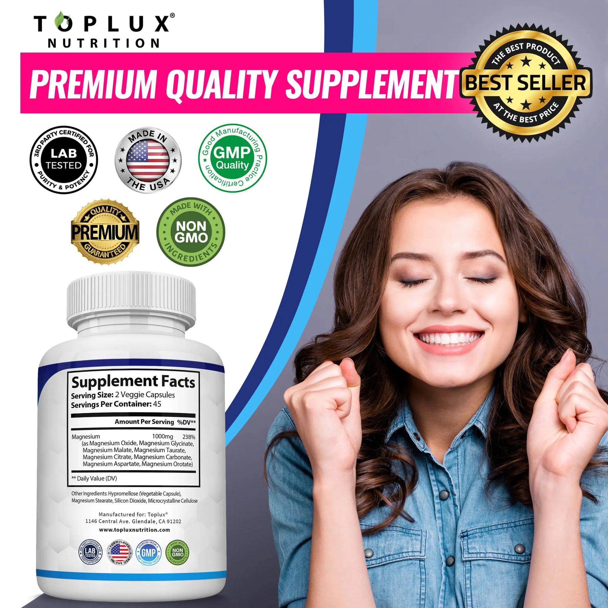 Unlock Better Sleep and Wellness with Toplux Magnesium Complex - 1000mg of Essential Magnesium in Every Capsule